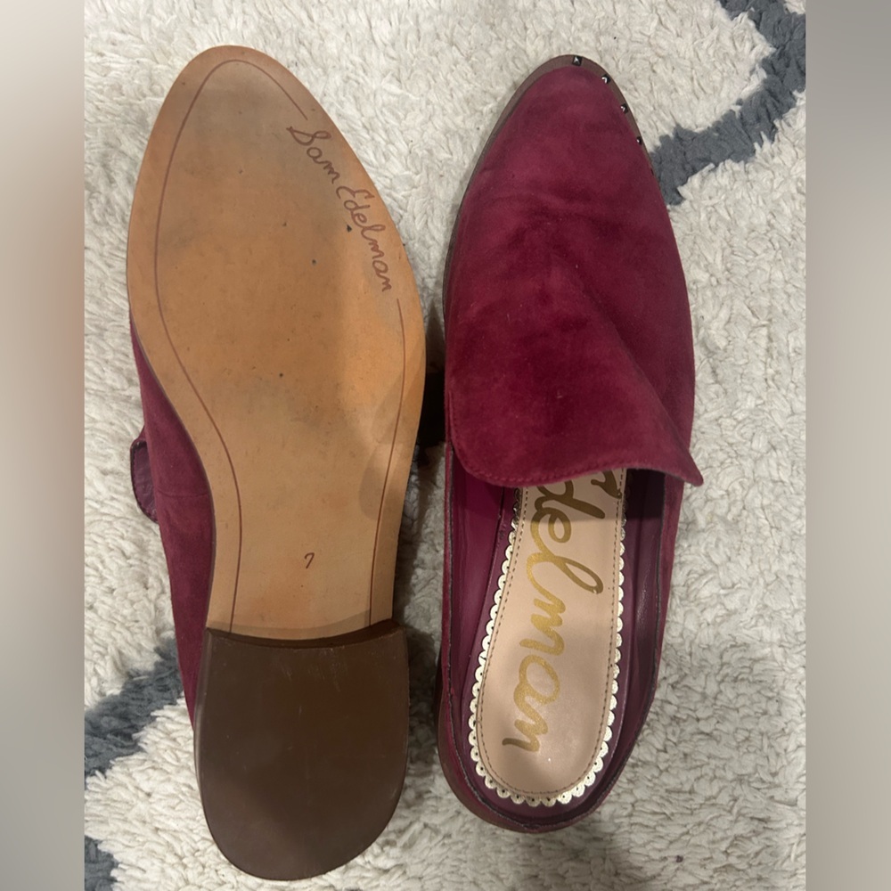 Sam Edelman Wine Suede Leather Pointed Mules with Stud Trim - Picture 6 of 7